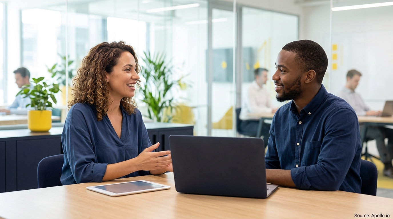Two professionals smile and collaborate over a laptop and tablet at a table in a modern, bright office.