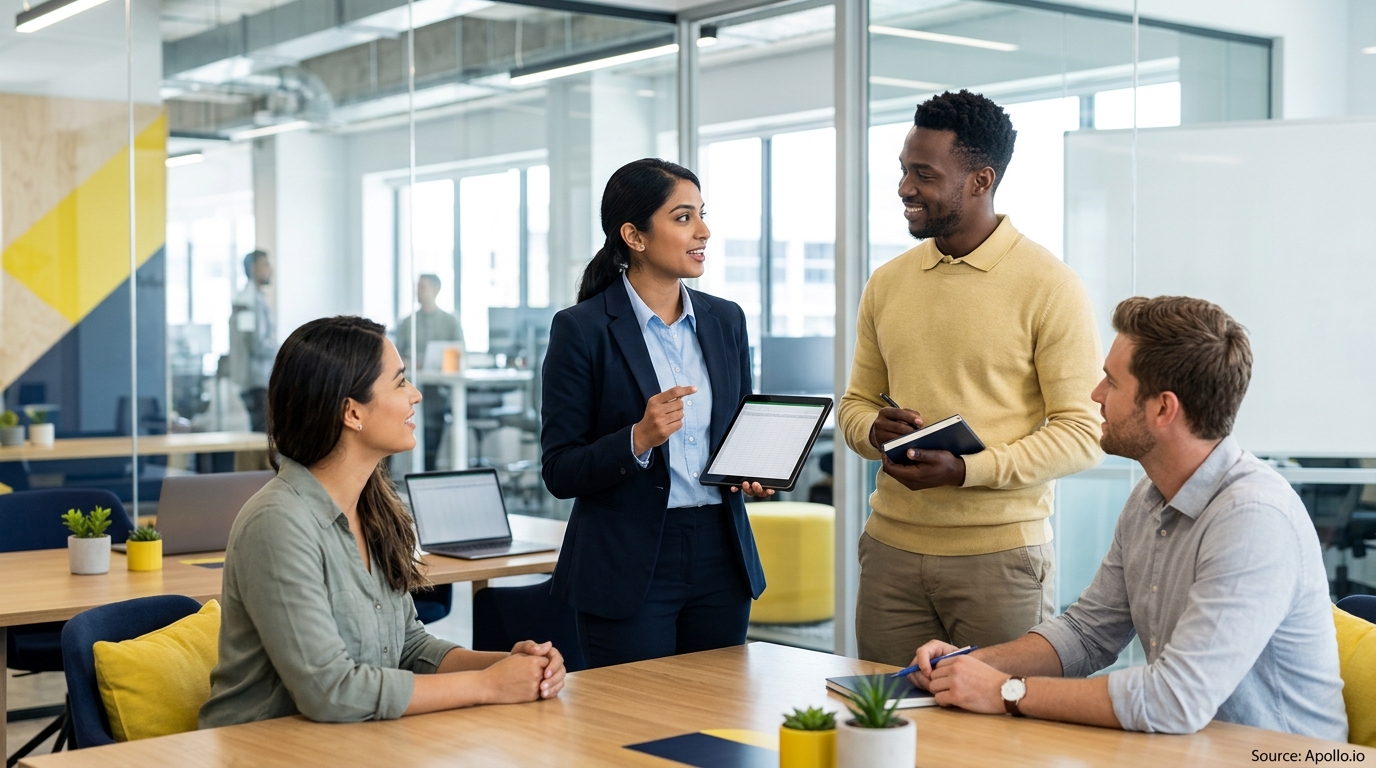 Four diverse professionals collaborate in a bright, modern office while one woman presents data on a tablet.