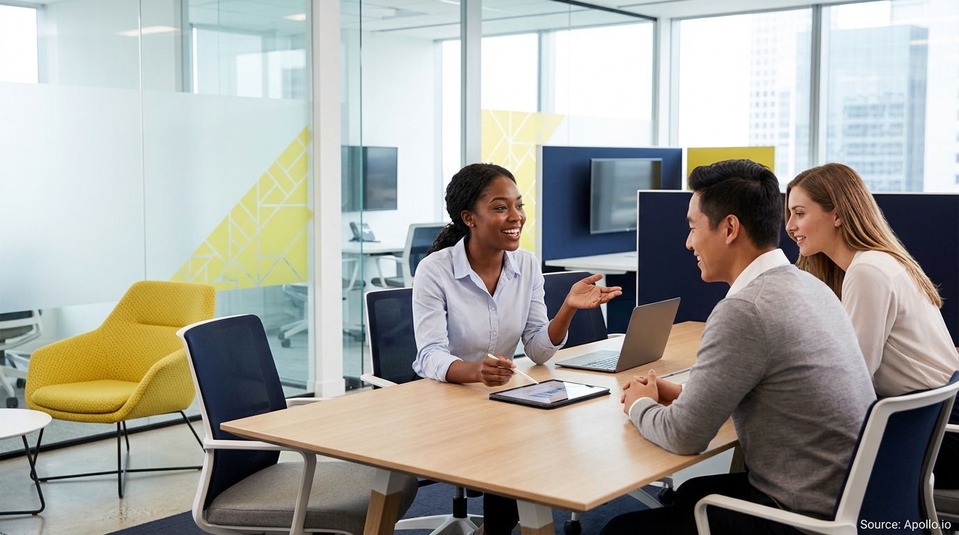 Three diverse professionals collaborate around a table with a laptop and tablet in a bright, modern office.