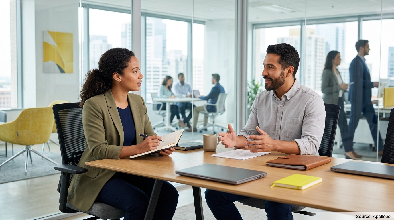 Two professionals collaborate at a wooden desk in a bright, modern office with coworkers in the background.