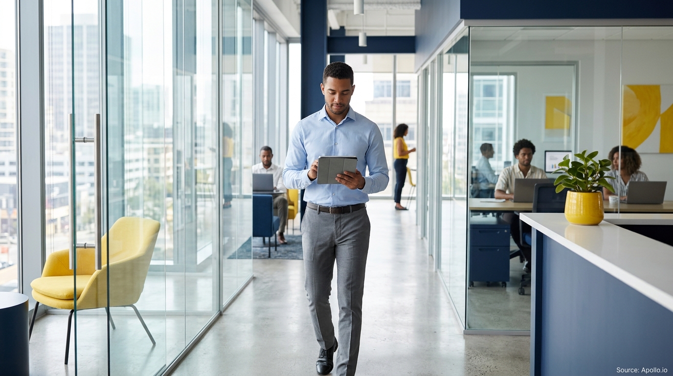 Six professionals work in a modern glass-walled office while one man walks through the corridor using a tablet.
