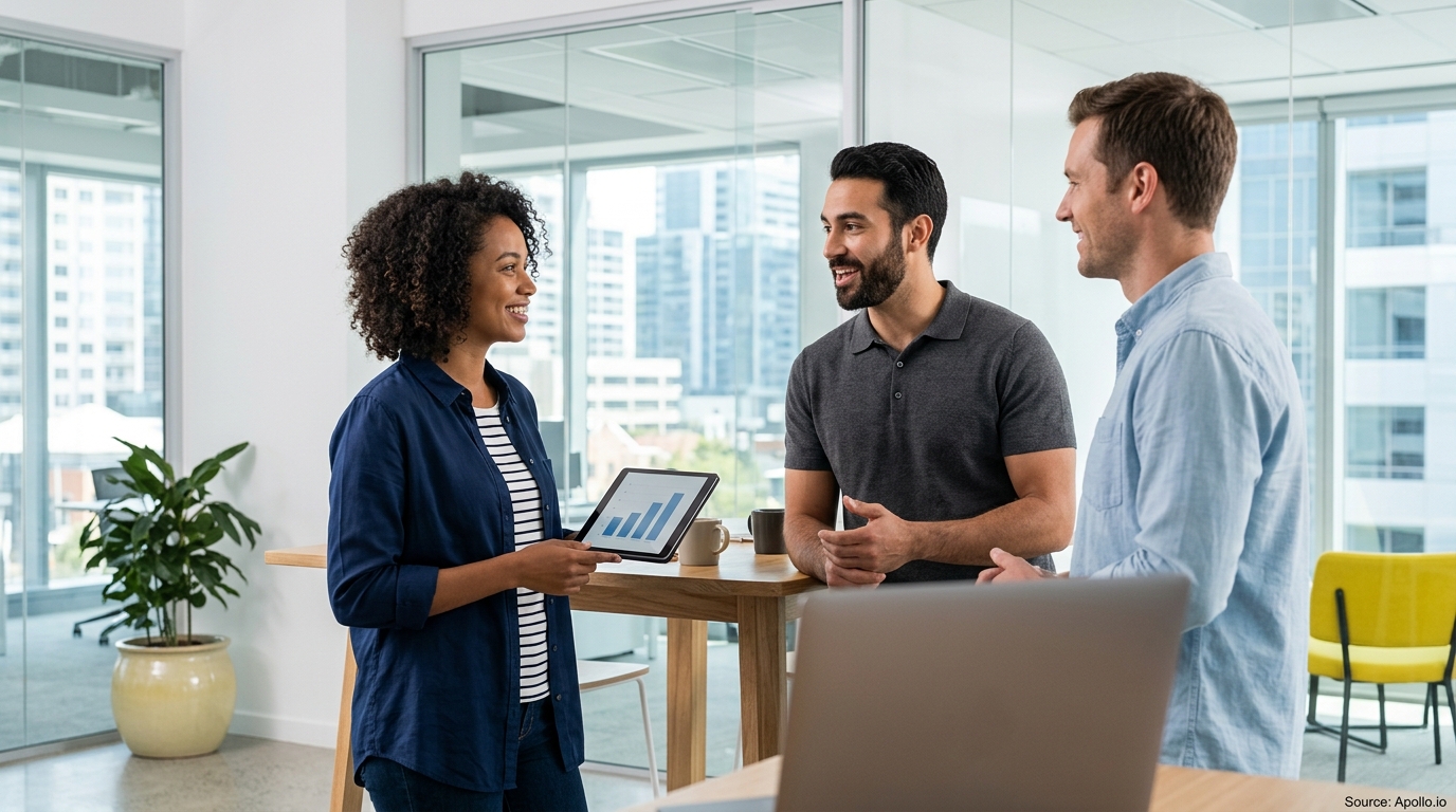 Three professionals discuss business data on a tablet in a bright, modern office setting.