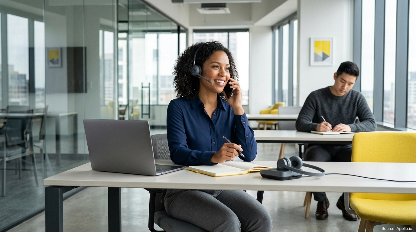 A woman wears a headset and talks on a phone while a man writes in a modern office.