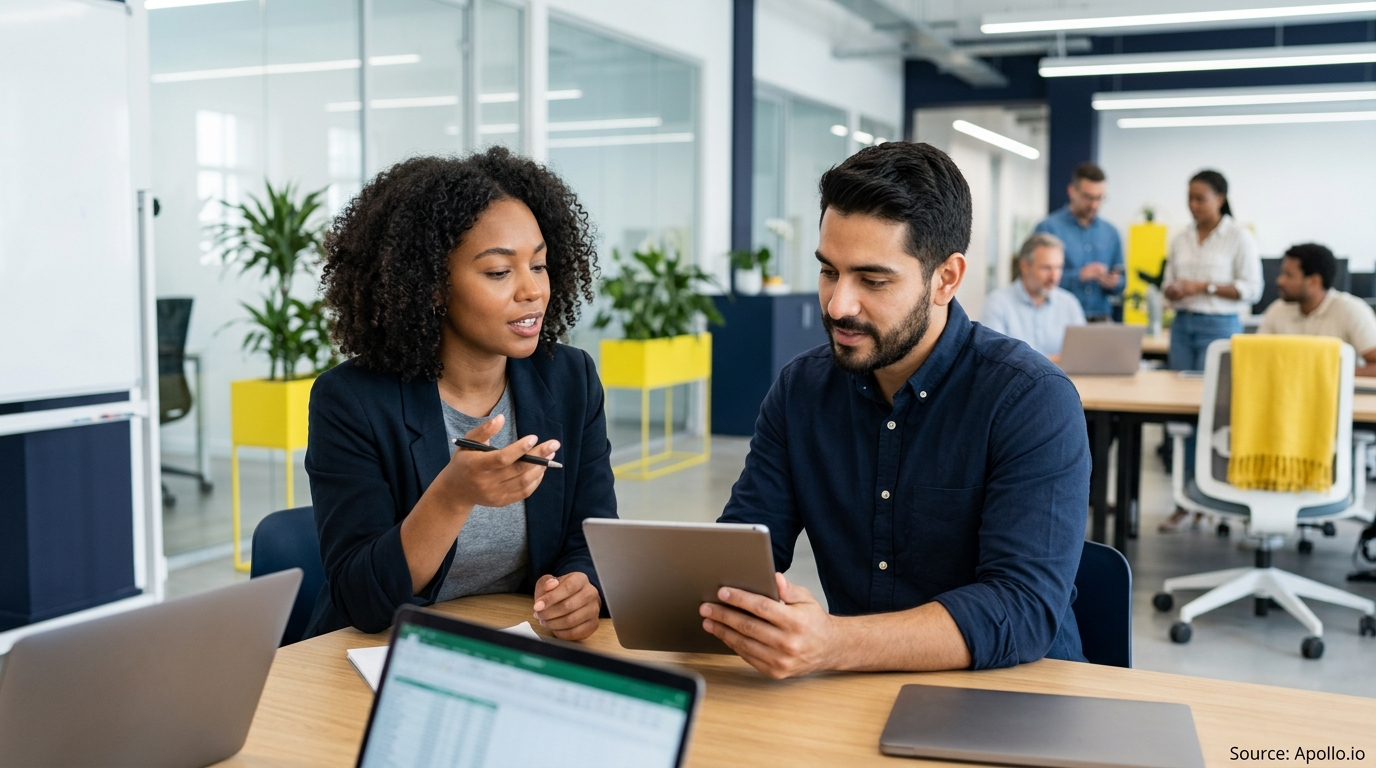 Two professionals collaborate on a tablet at a table in a modern open-plan office with coworkers nearby.