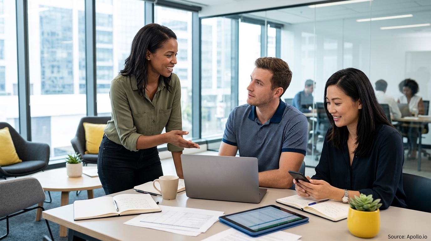 Three professionals collaborate around a laptop and tablet at a table in a modern office.