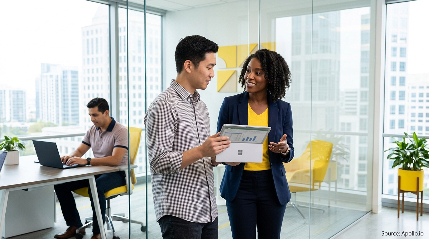 Two professionals review a tablet while a third person works at a desk in a bright, modern office.