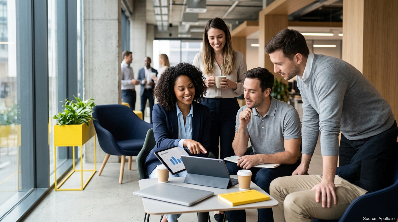 Four professionals review data on a tablet in a sunlit modern office while three coworkers talk in the background.
