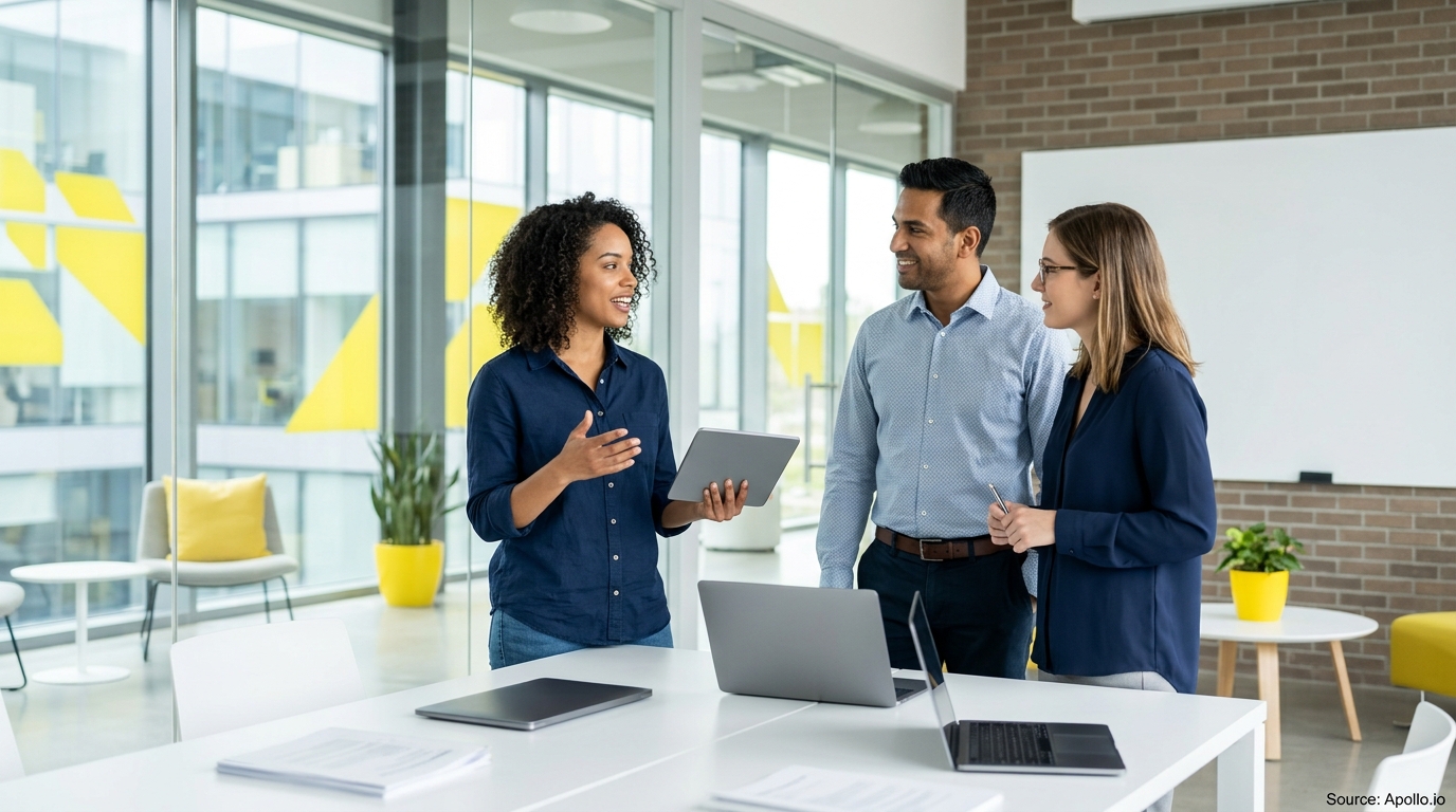 Three diverse professionals collaborate in a bright, modern office while discussing information on a tablet.