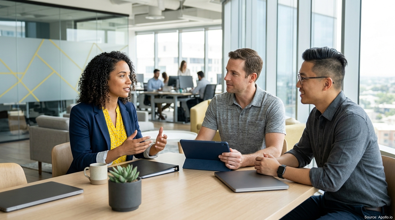 Three professionals engage in a collaborative meeting at a conference table in a bright, modern office.