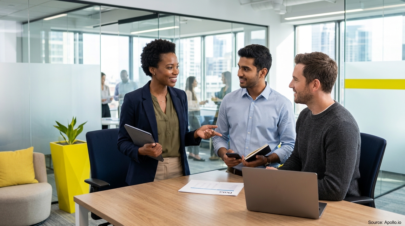 Three professionals collaborate around a wooden table in a bright, modern office setting.