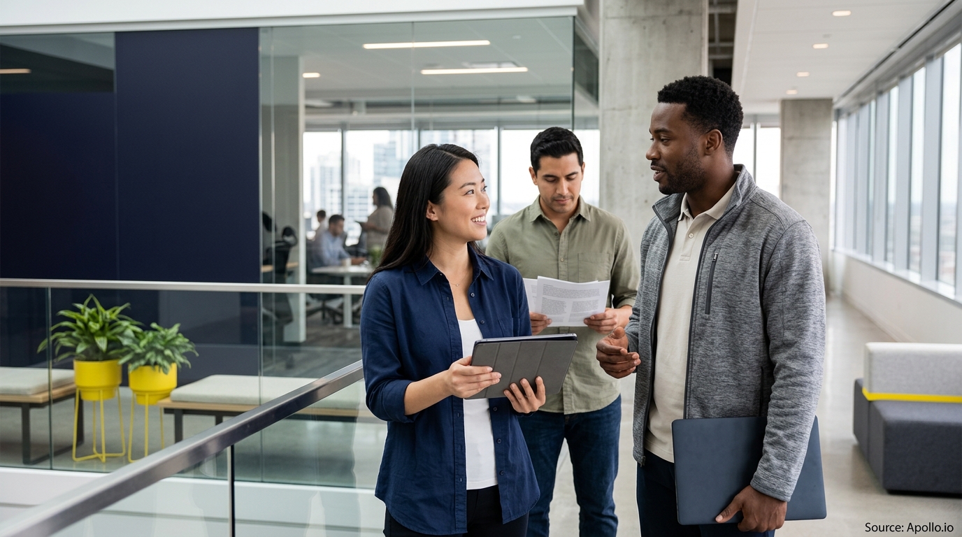 Three diverse professionals collaborate in a bright, modern office while holding a tablet, laptop, and paper documents.