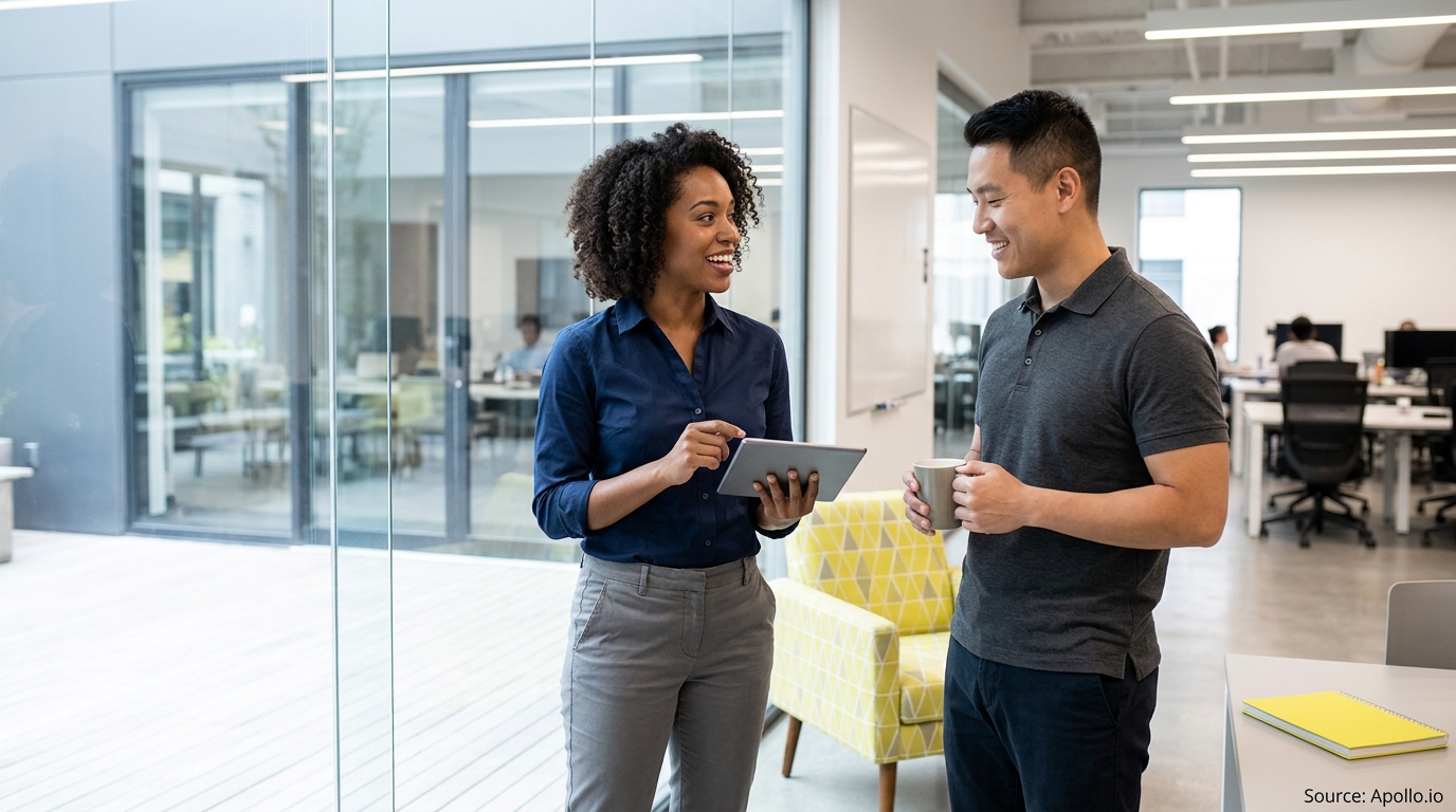 Two professionals discuss information on a tablet while standing in a bright, modern office space.