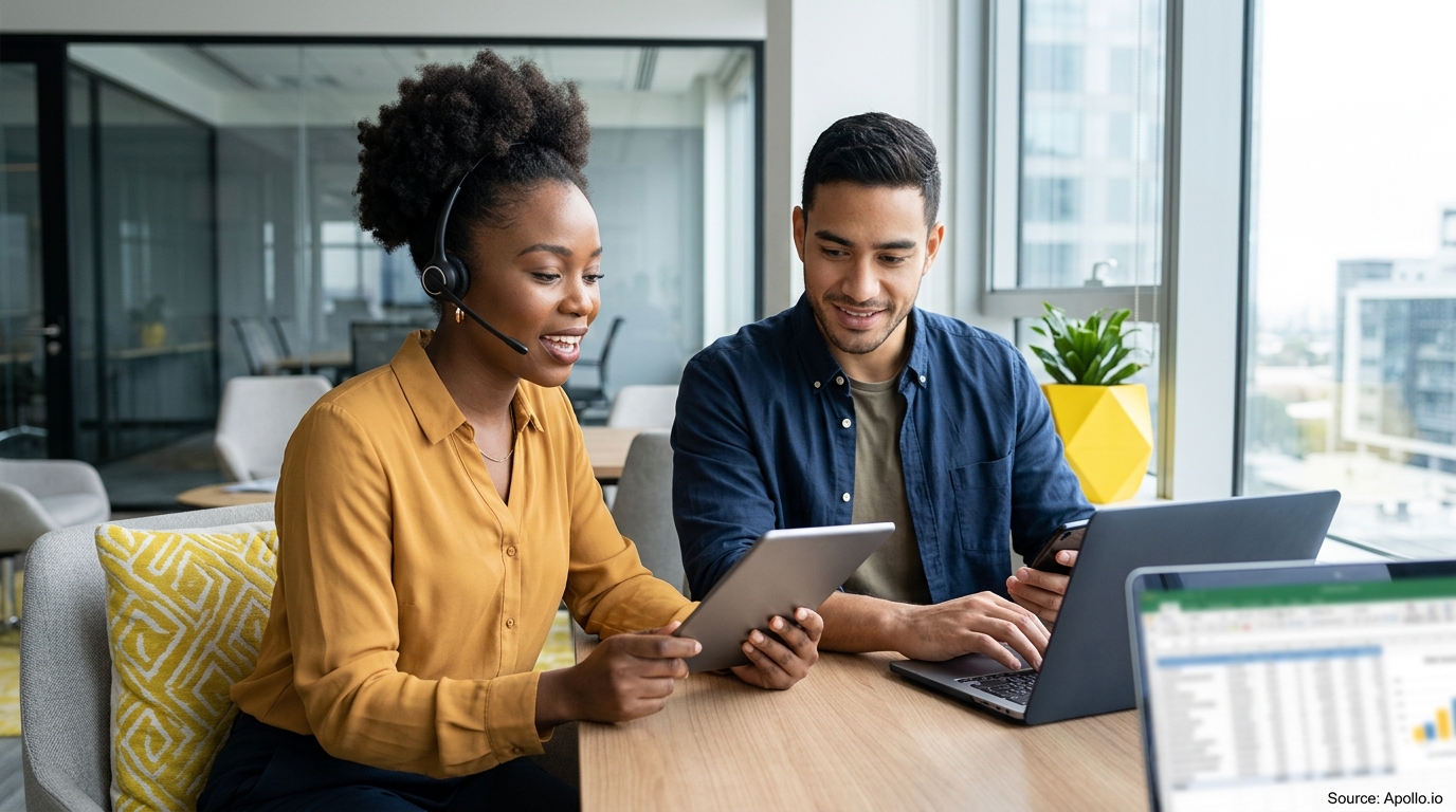 Two professionals review digital information on a tablet and laptop in a modern office setting.