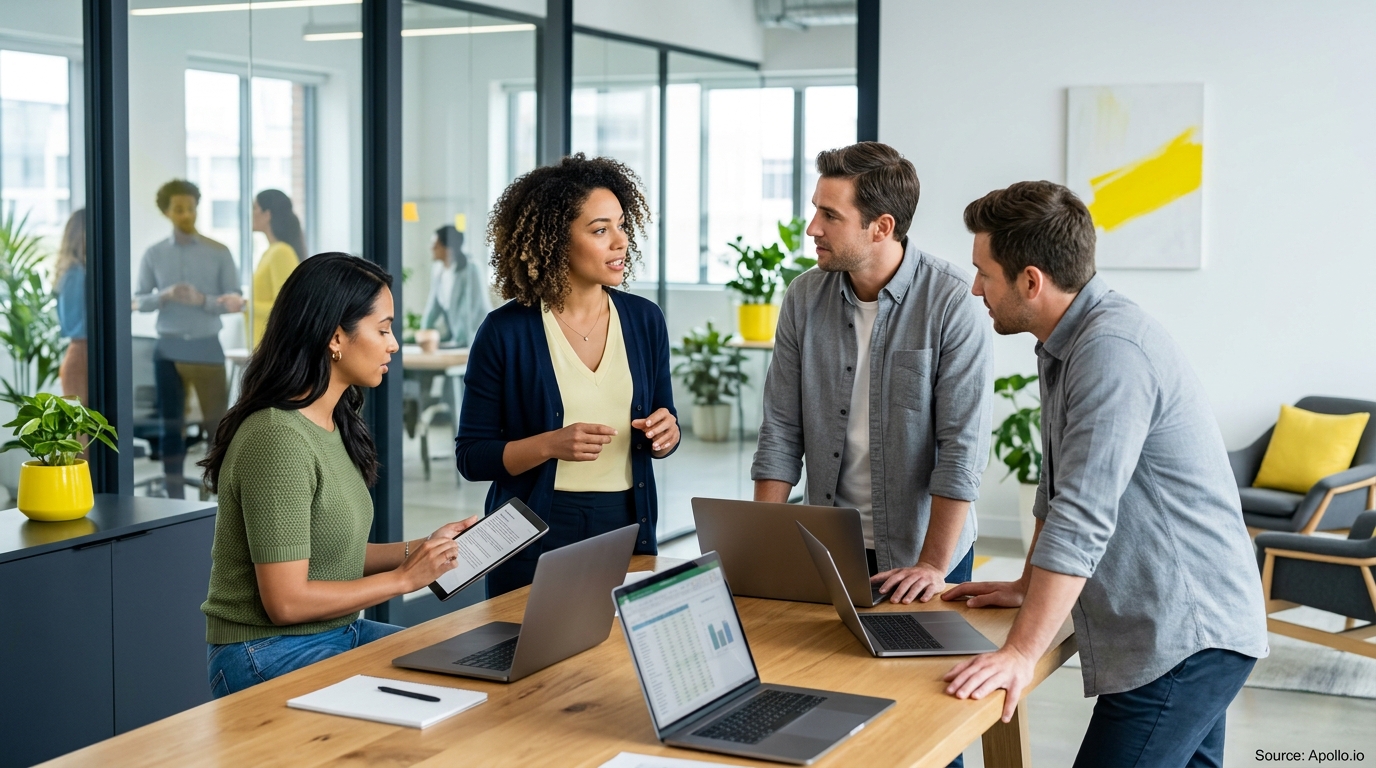 Four professionals collaborate around a wooden table with laptops in a bright, modern office space.