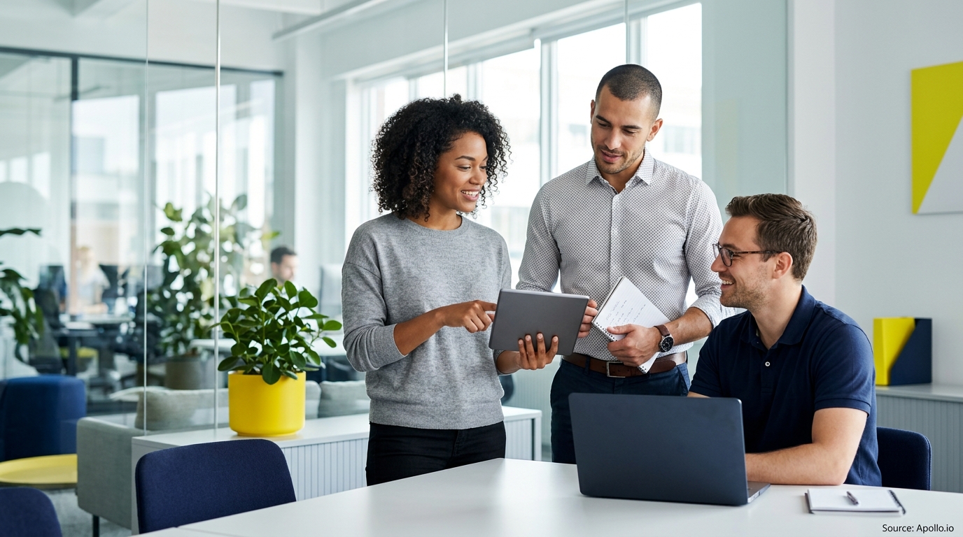 Three professionals collaborate using a tablet and laptop in a bright, modern office space.