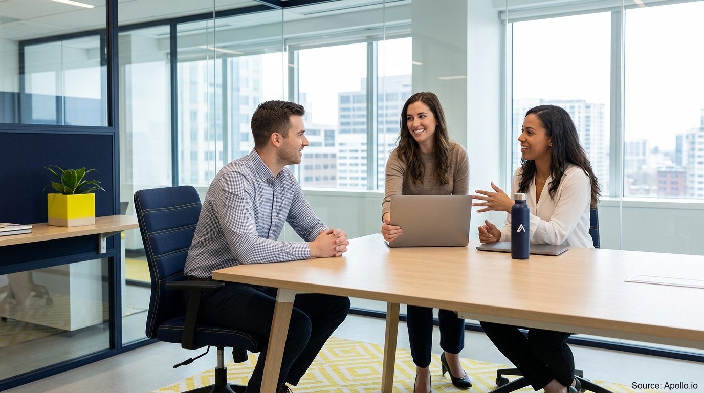 Three professionals discuss business strategy while sitting around a table in a bright, modern office.