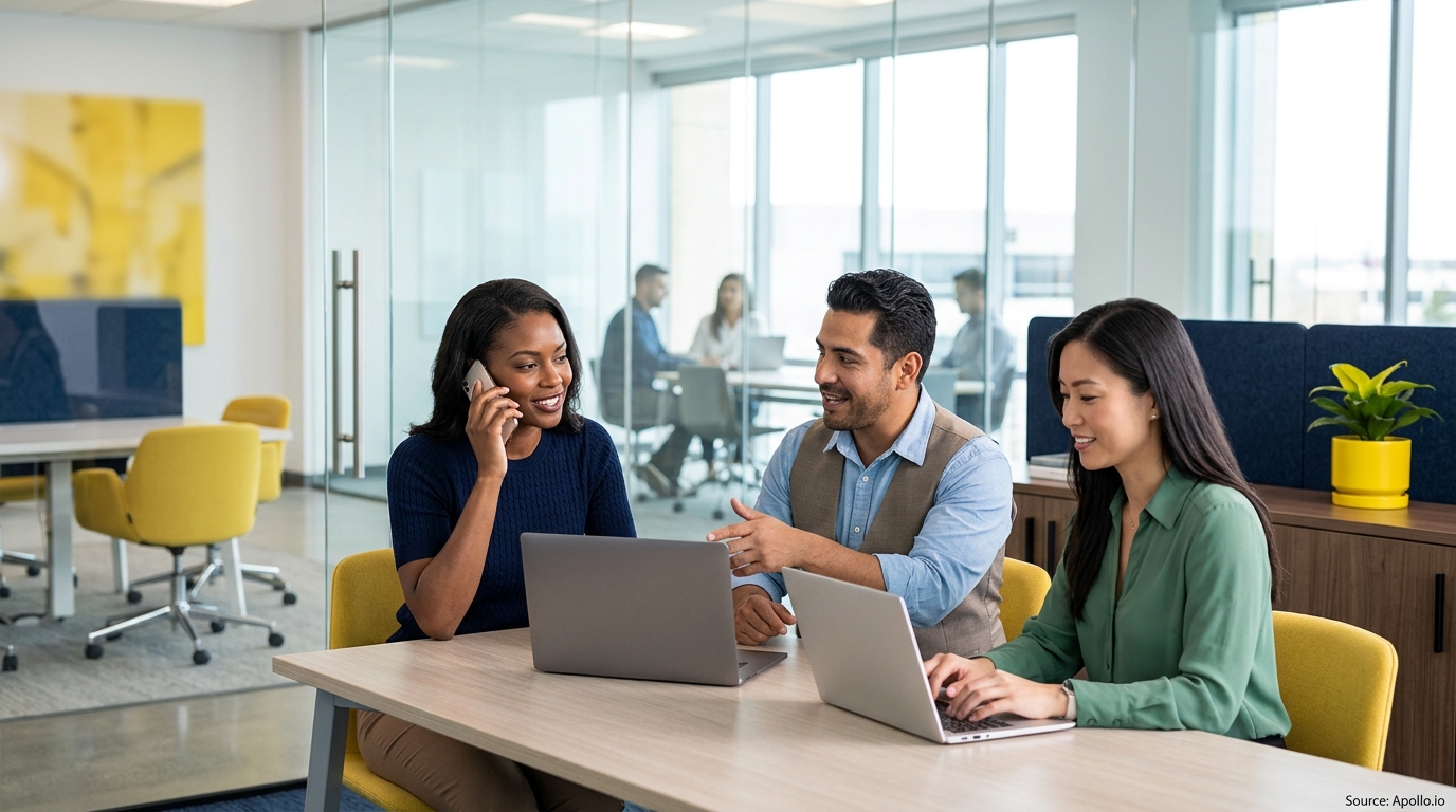 Three professionals collaborate using laptops and a phone at a table in a modern, glass-walled office.