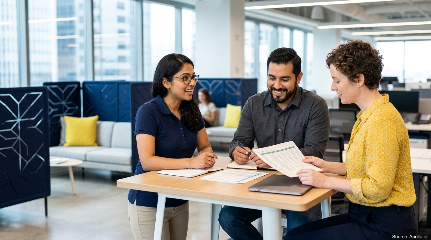 Three professionals collaborate over documents and a laptop at a table in a bright, modern office.