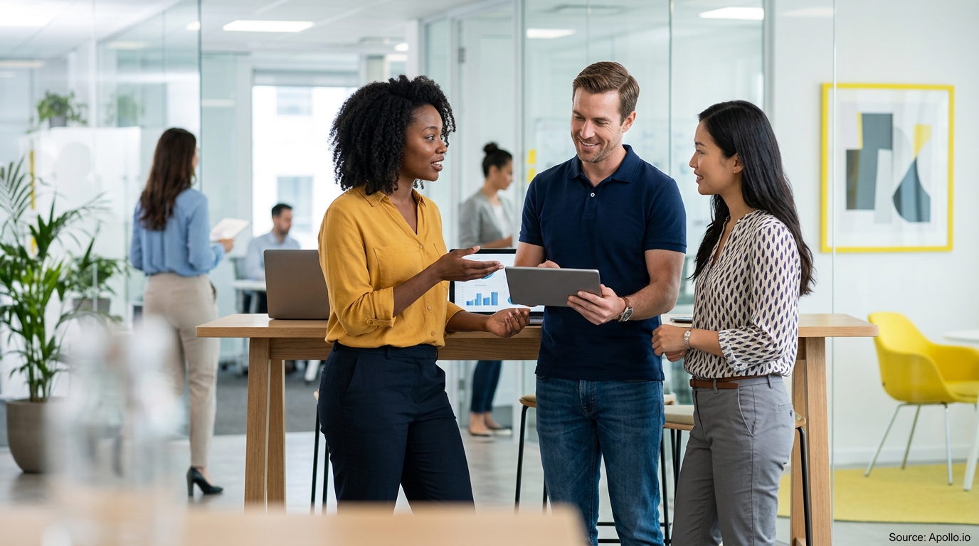Three professionals collaborate over a tablet while standing at a table in a bright, modern office.