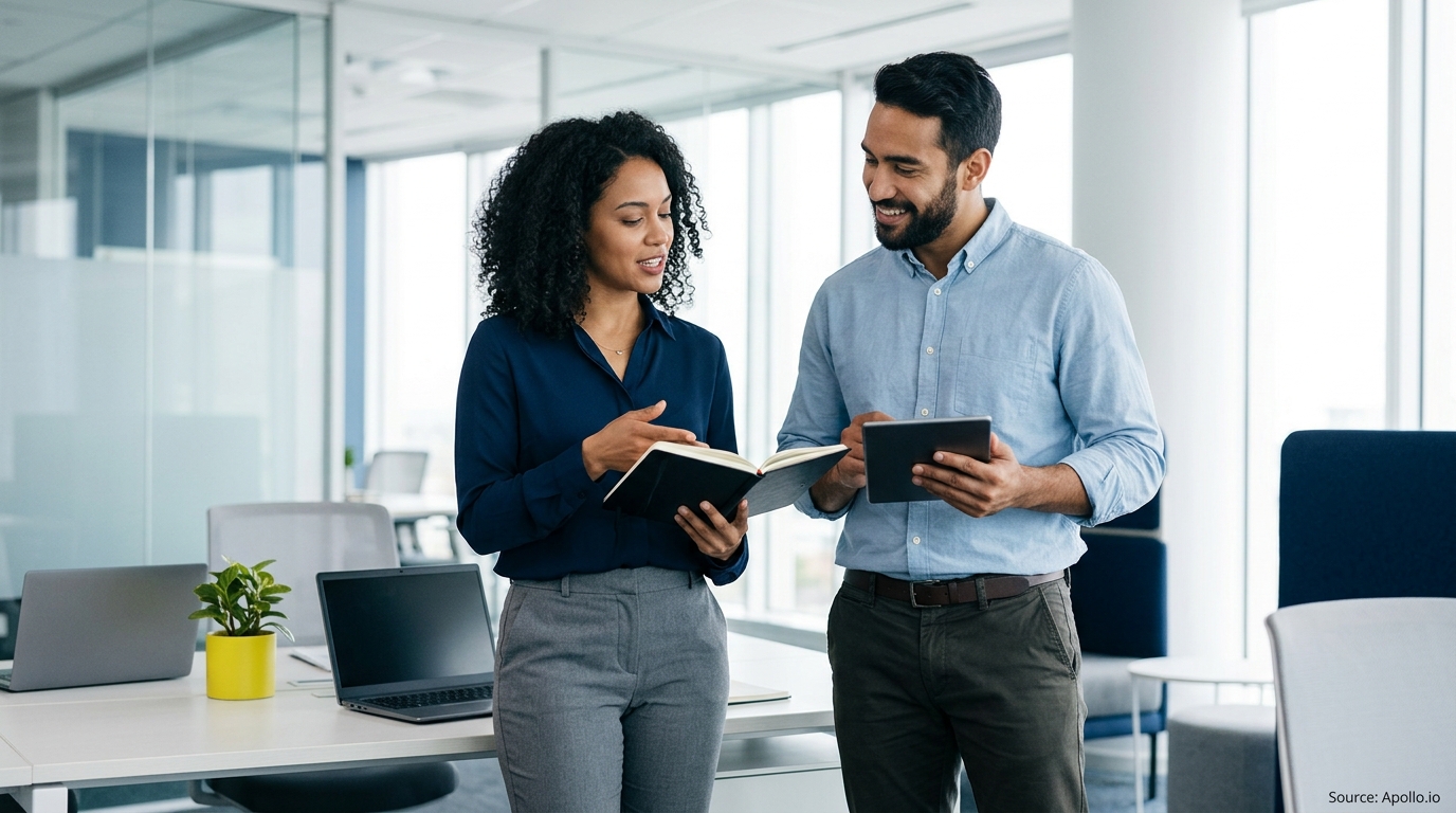 Two colleagues review a notebook and digital tablet together in a bright, modern office.