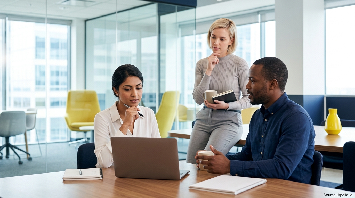 Three diverse professionals collaborate on a laptop in a bright, modern office setting.