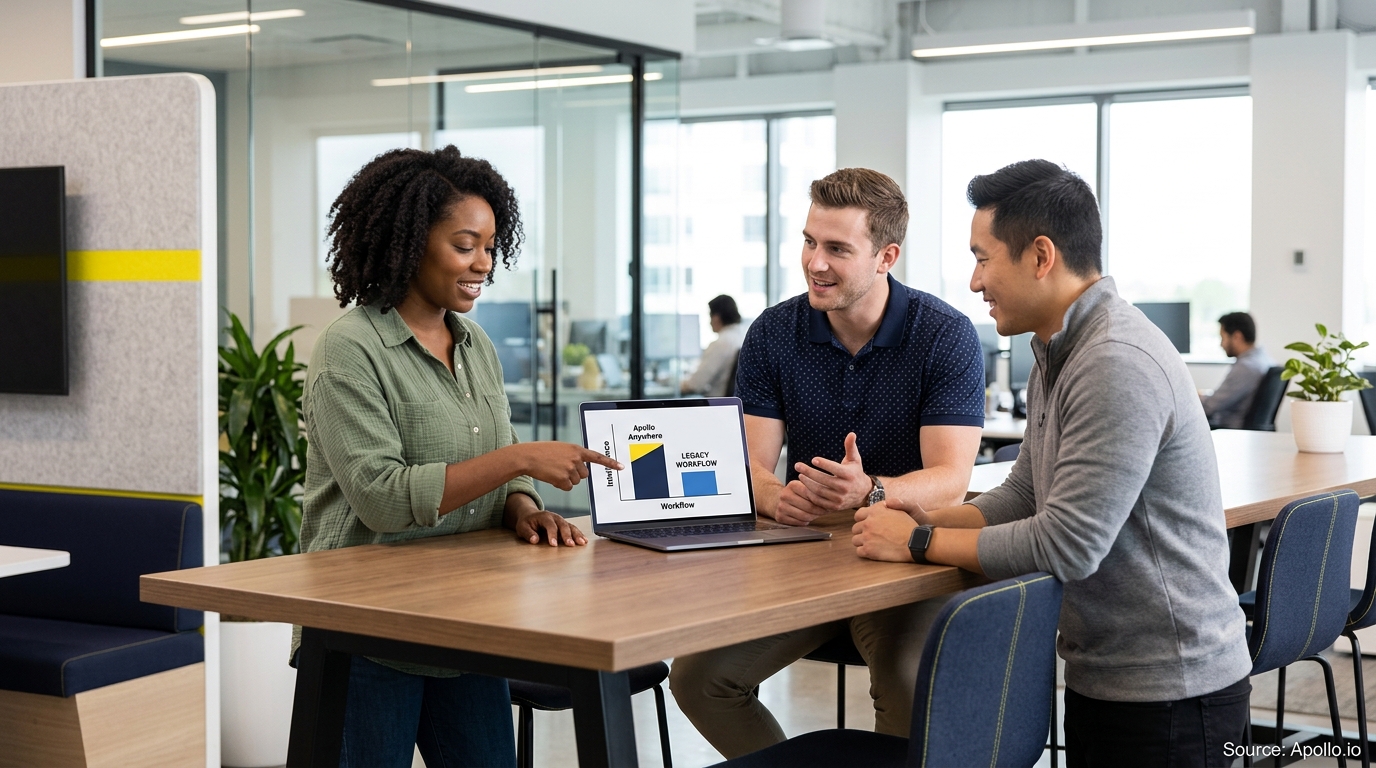 Three colleagues review a bar graph comparing workflow options on a laptop in a modern office setting.