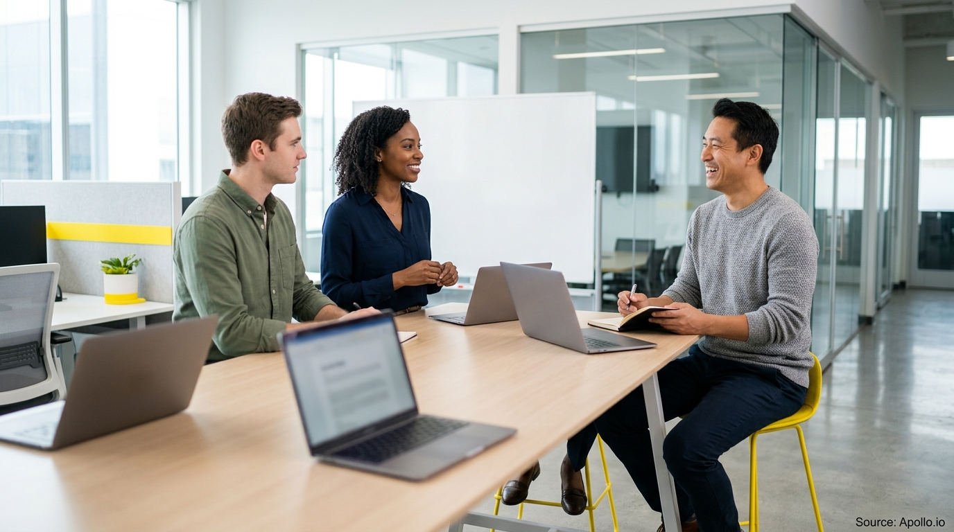 Three professionals smile and collaborate around a wooden table with laptops in a bright, modern office space.