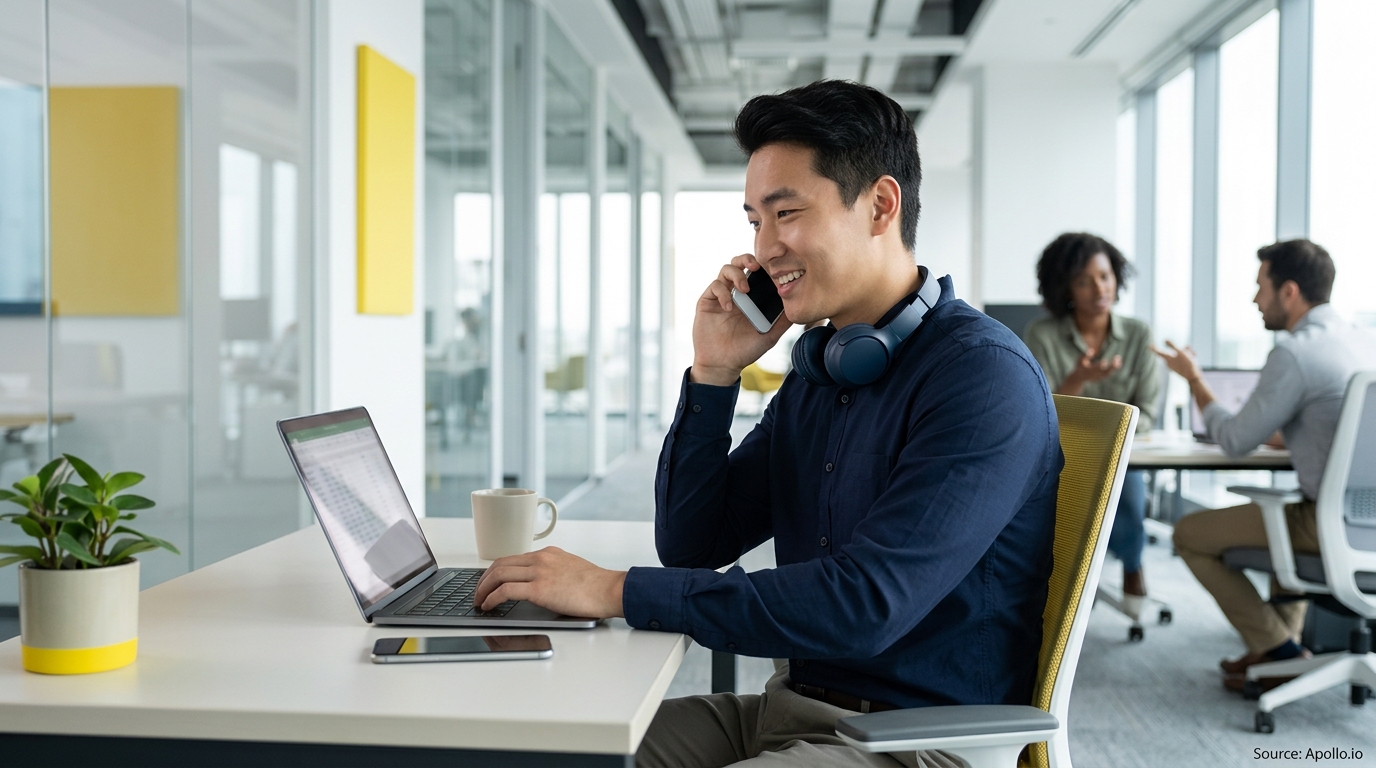 A professional uses a laptop and smartphone in a bright office while two colleagues talk in the background.