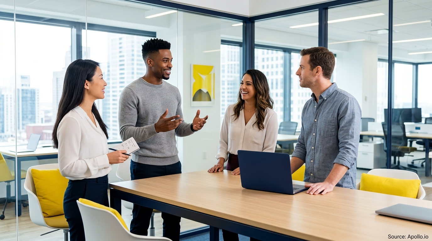 Four diverse professionals collaborate and laugh around a table in a bright, modern office.