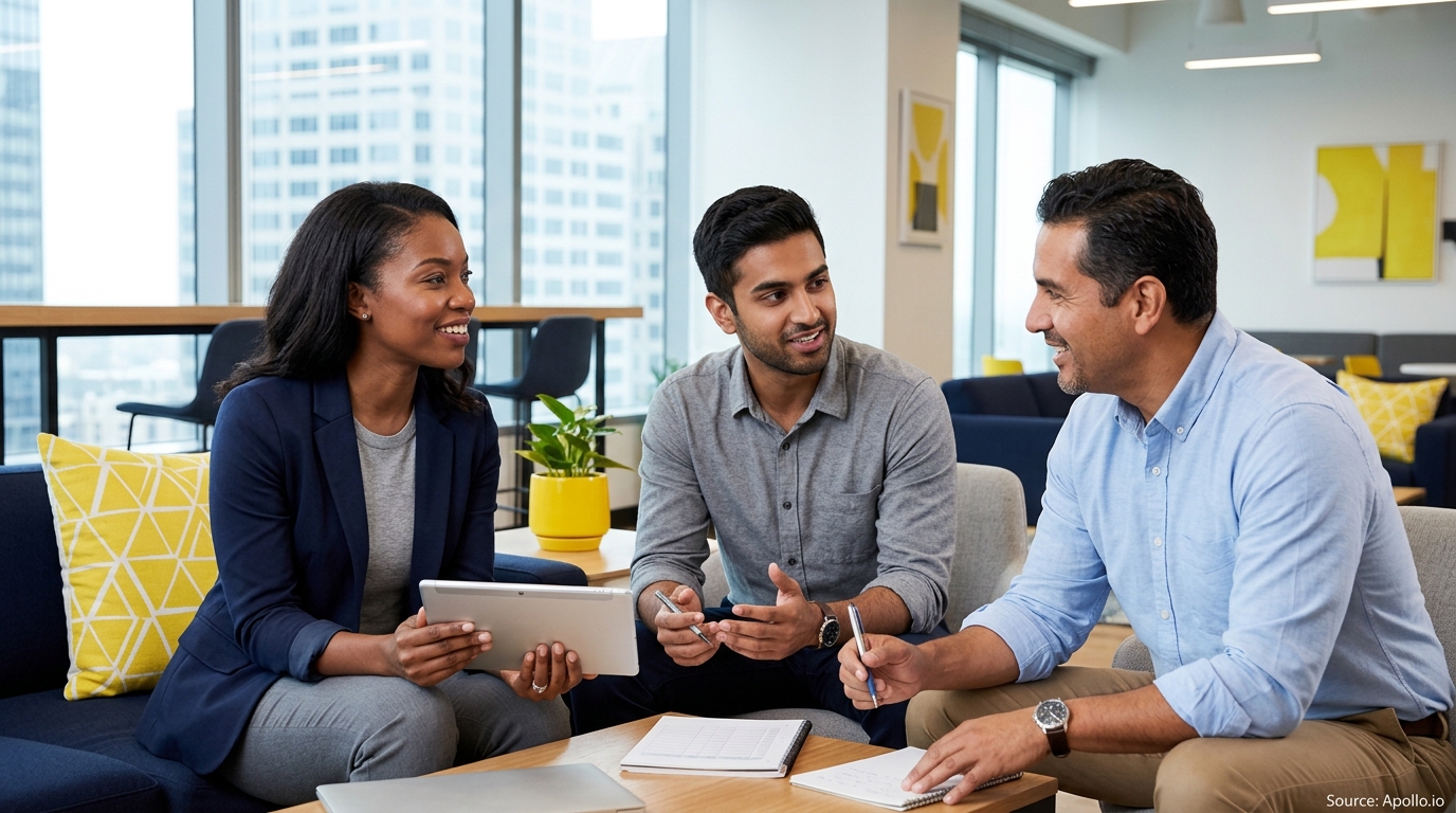 Three diverse professionals collaborate using a tablet and notebooks in a bright, modern office lounge.
