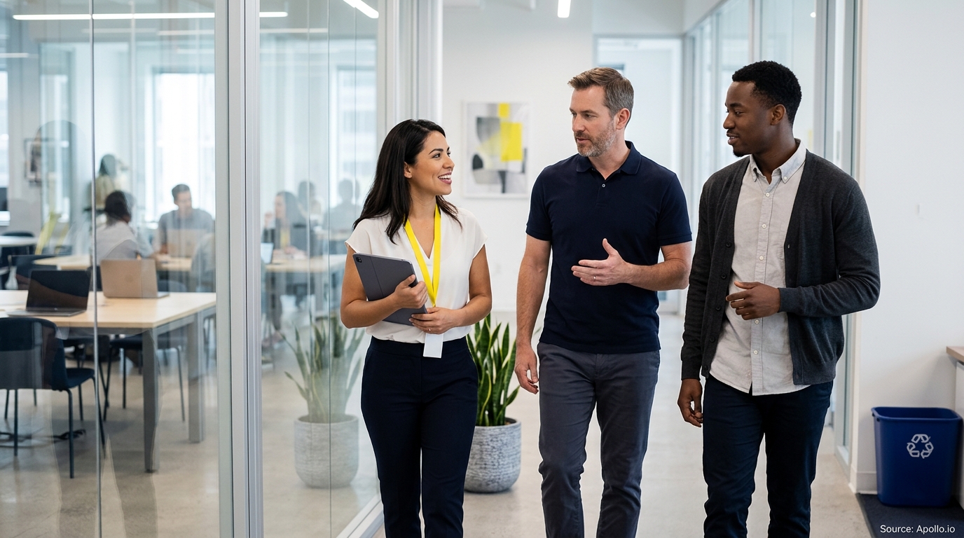 Three professionals walk and talk in a bright, modern office hallway with glass walls and indoor plants.