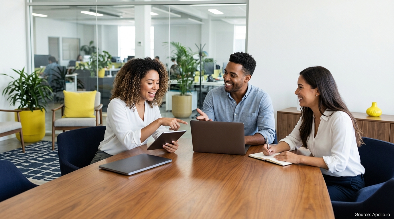 Three professionals collaborate at a wooden table in a bright, modern office using laptops and a tablet.