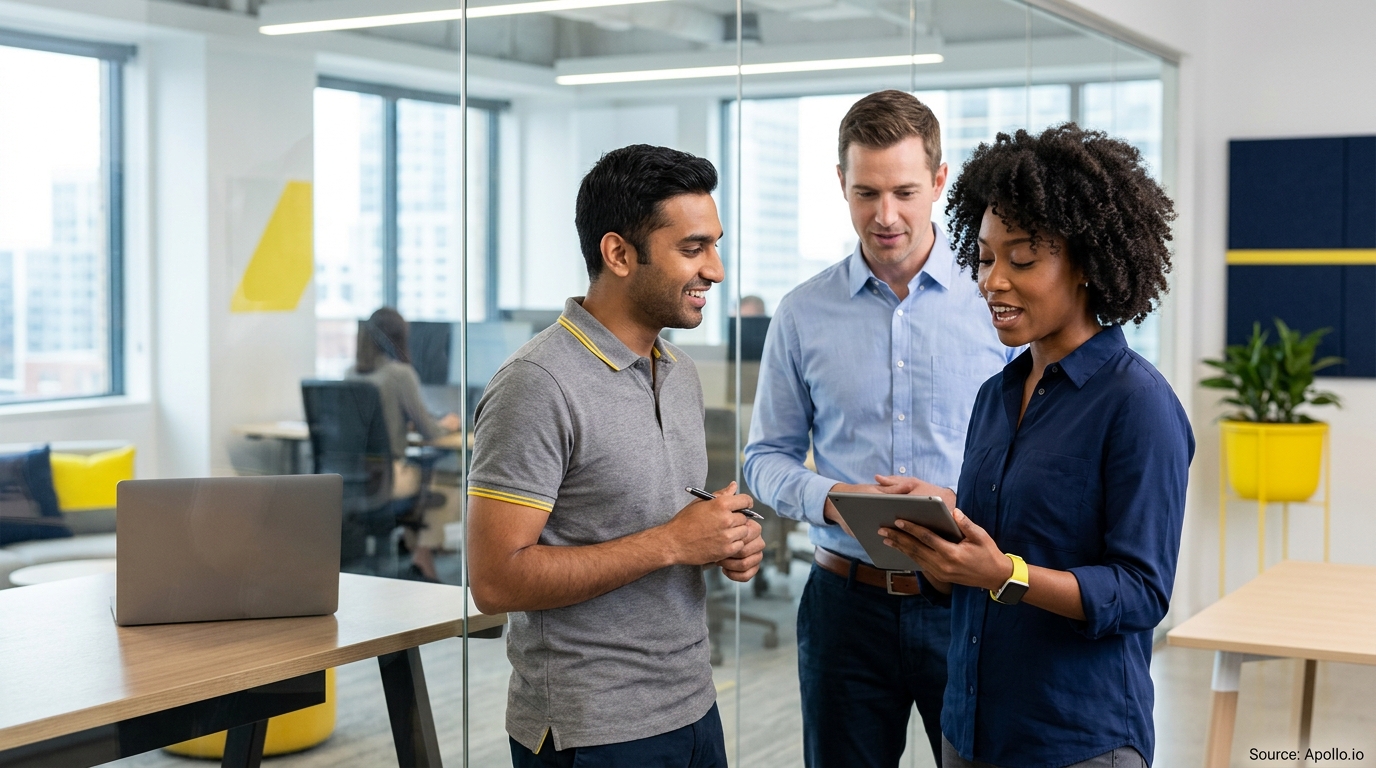 Three diverse professionals collaborate in a modern office while looking at a digital tablet together.