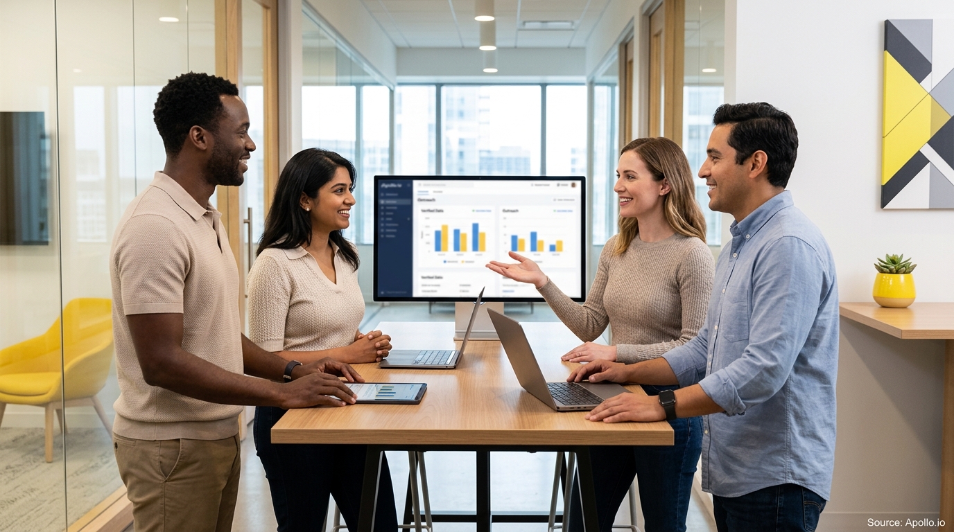 Four diverse professionals review data on a large monitor and laptops in a bright, modern office.