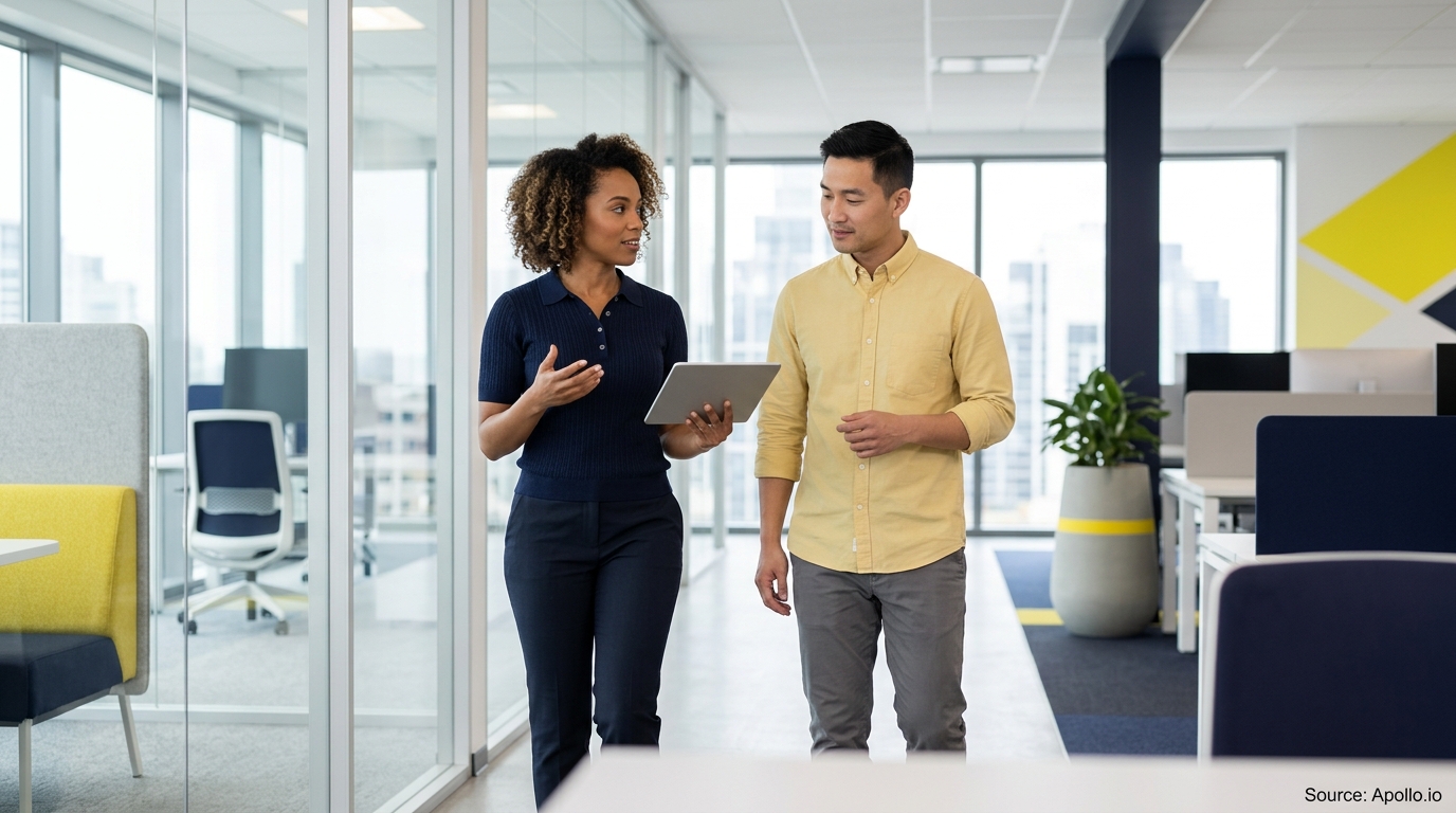 Two professionals walk through a modern office while discussing information on a digital tablet.
