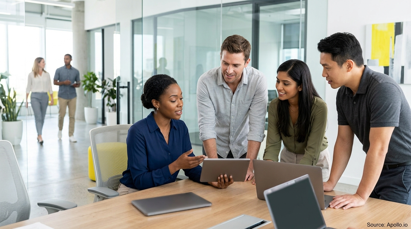 Four diverse professionals collaborate around a tablet and laptops in a bright, modern office setting.