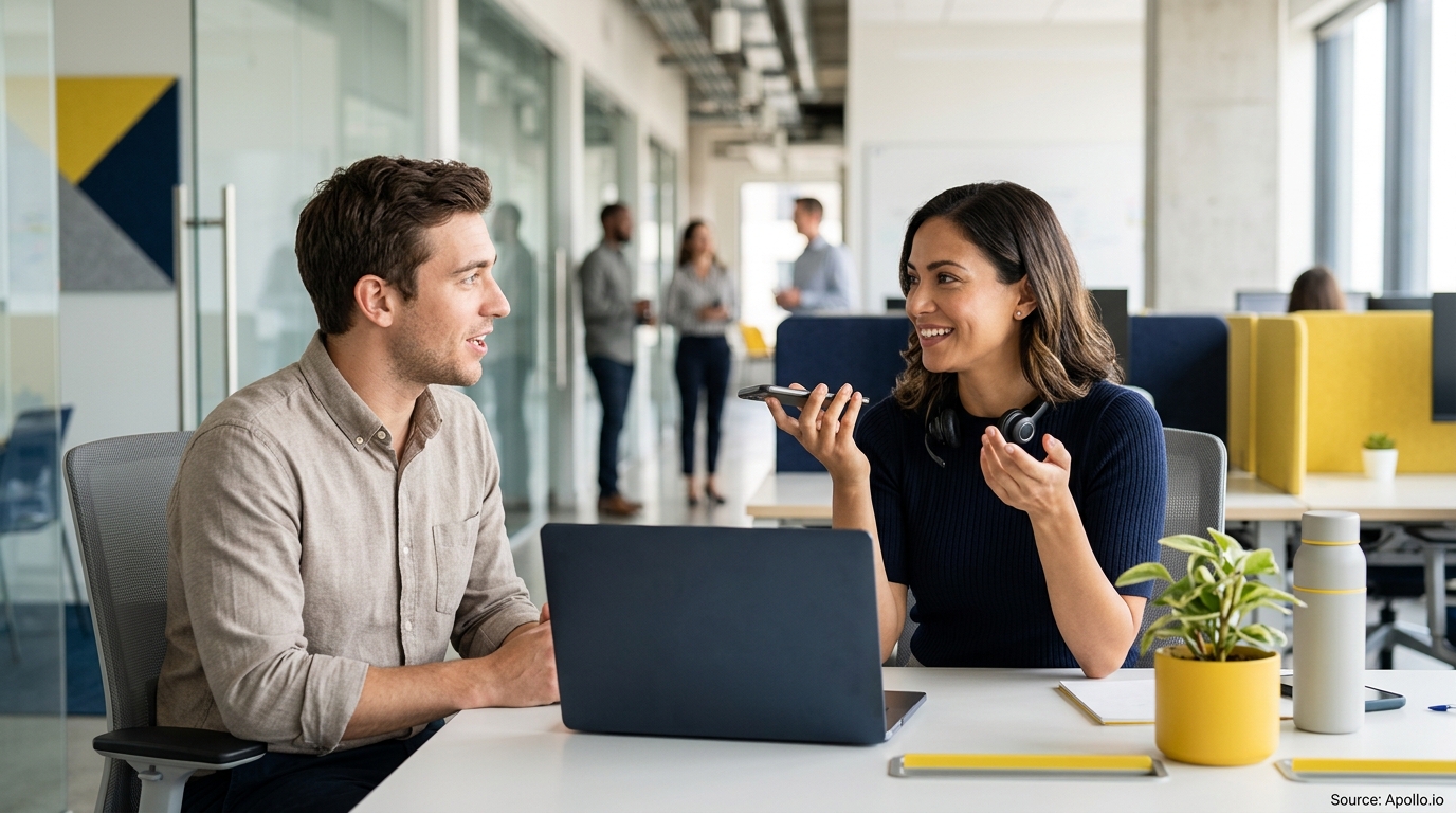 Two professionals collaborate at a desk with a laptop and smartphone in a modern, open-plan office.