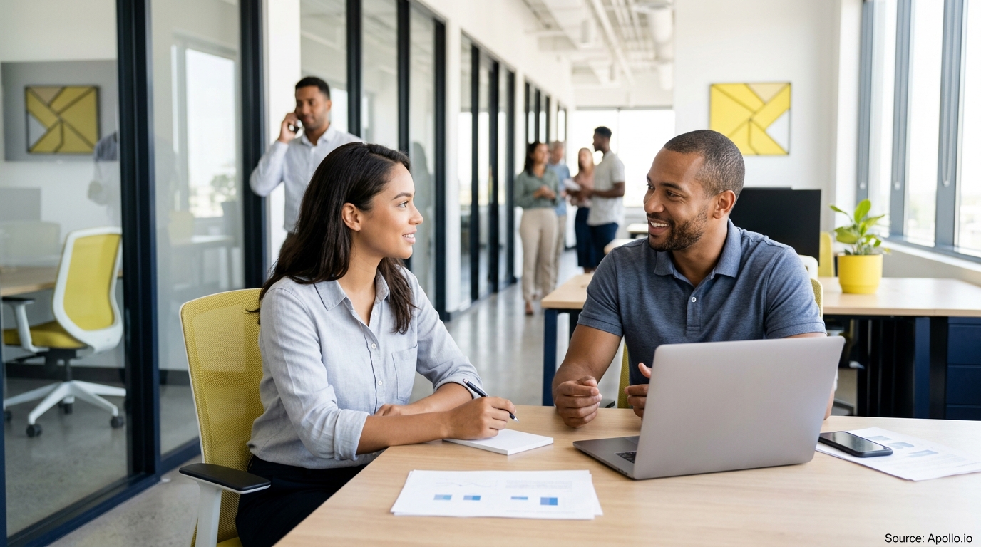 Two professionals collaborate at a desk with a laptop and papers in a bright, modern open-plan office.