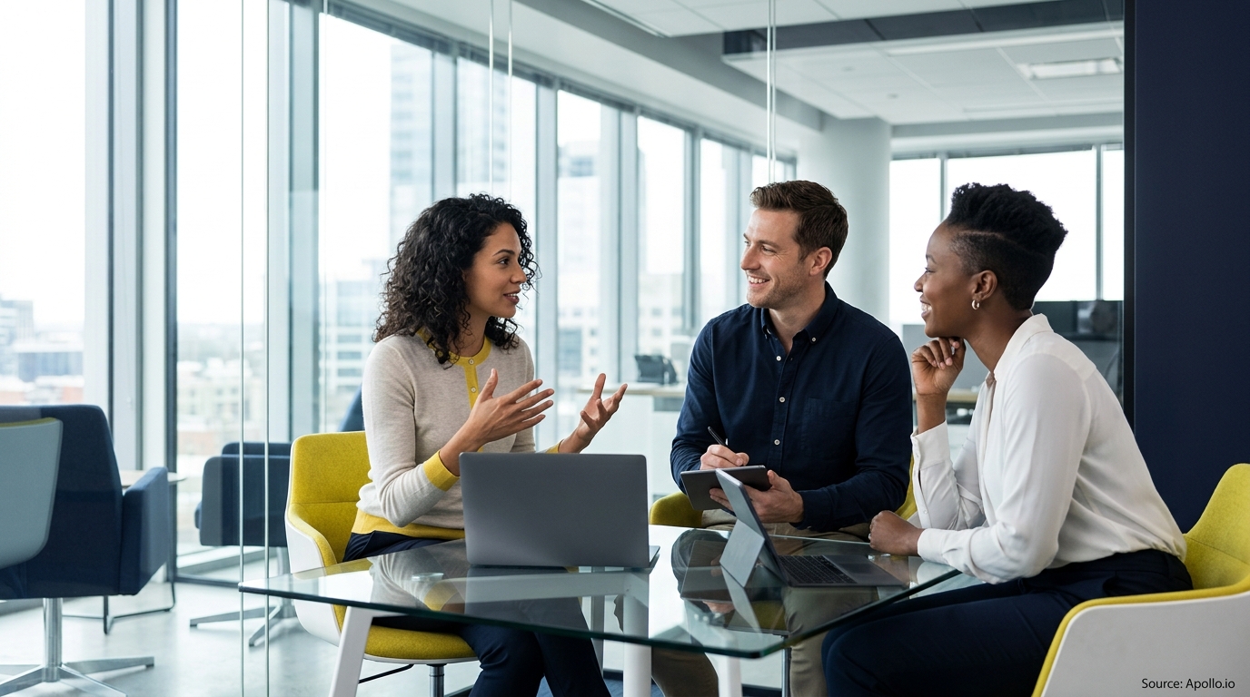 Three professionals collaborate at a glass table in a bright, modern office using laptops and tablets.