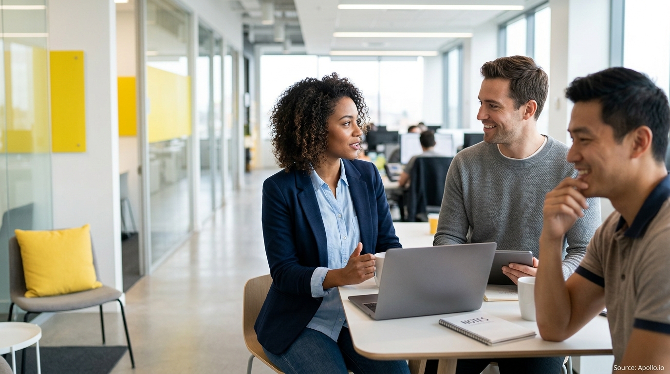 Three diverse professionals collaborate around a laptop at a table in a bright, modern office.