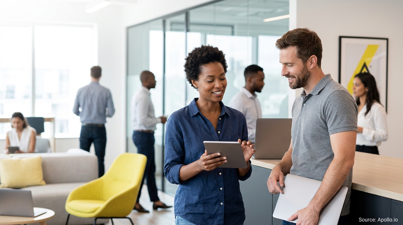 Six professionals collaborate using tablets and laptops in a bright, modern open-plan office setting.