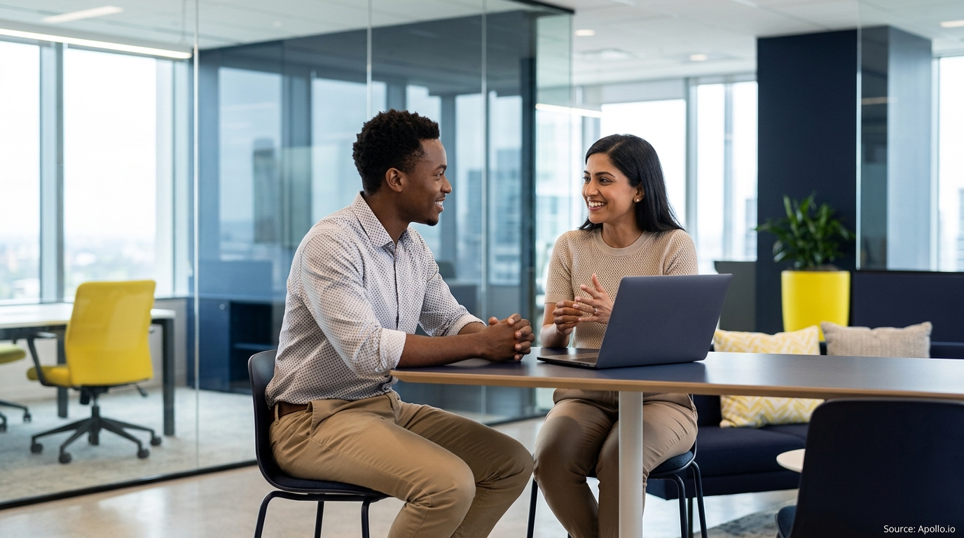 Two professionals smiling and collaborating on a laptop at a table in a bright, modern office.