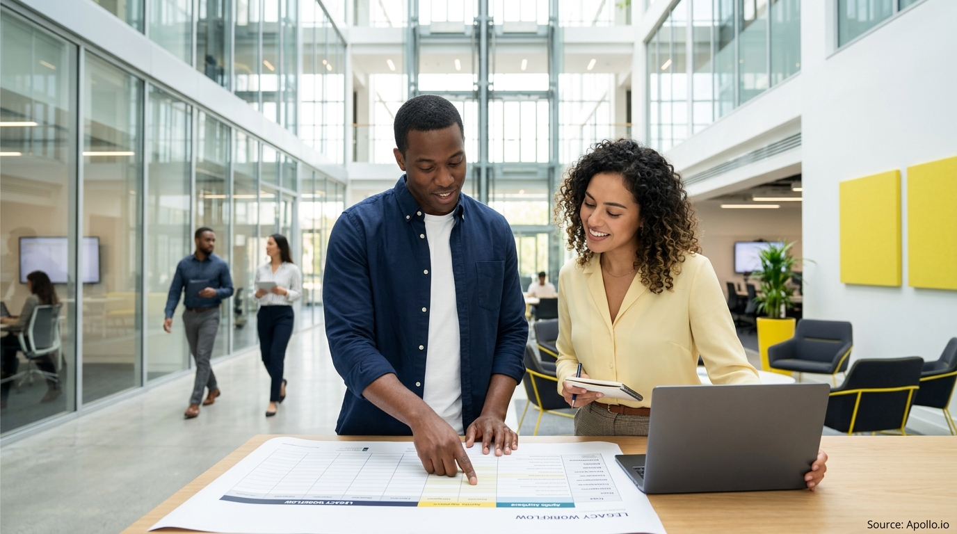 Two professionals analyze a large chart in a modern glass office while other employees walk in the background.