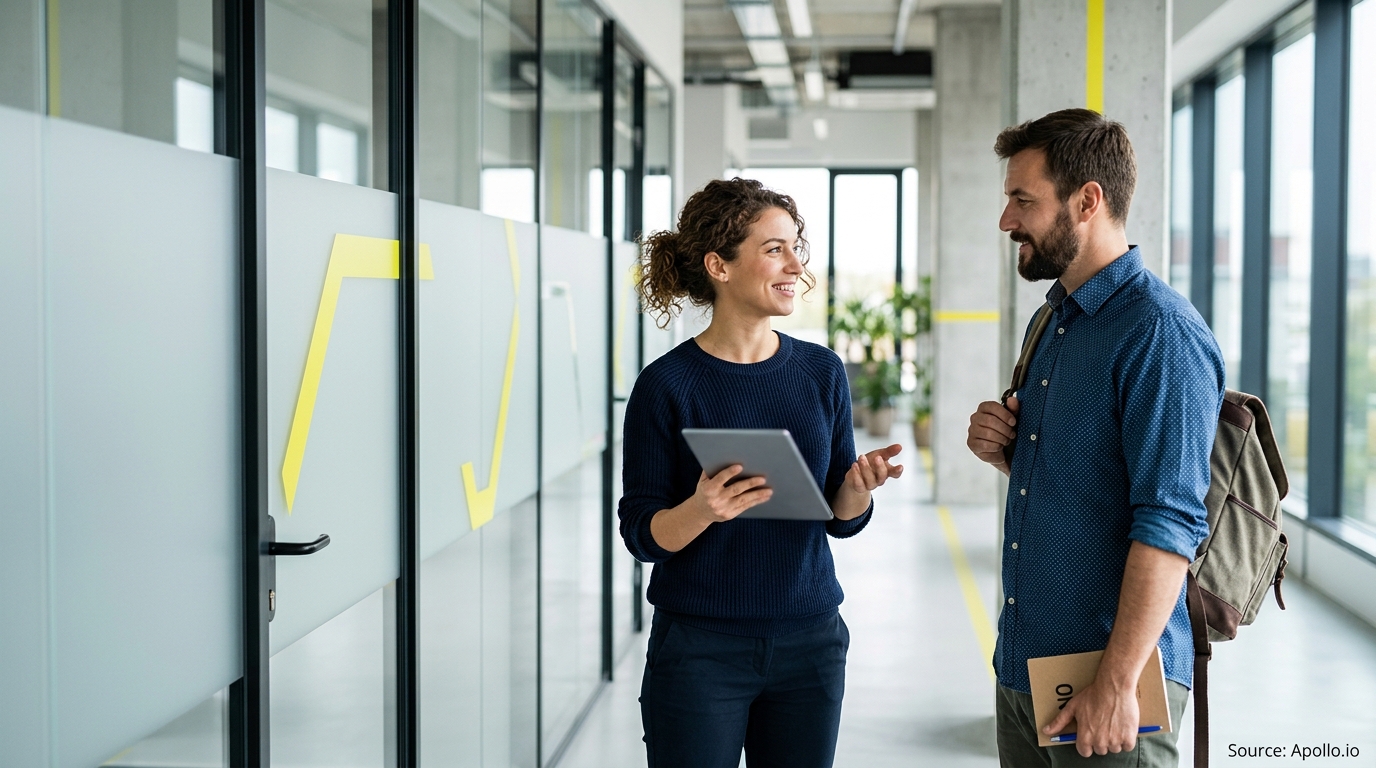 Two professionals converse in a modern office hallway while holding a tablet and a notebook.