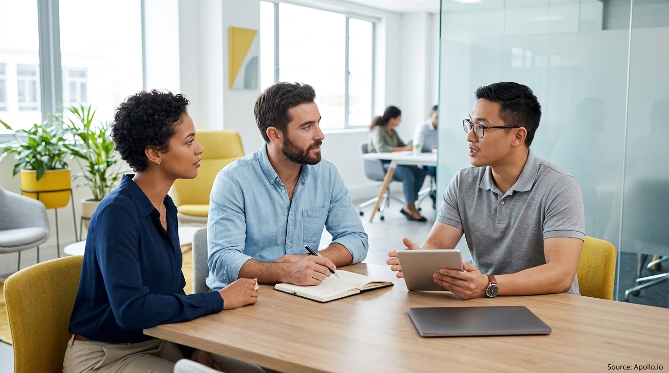 Three professionals collaborate around a wooden table in a bright, modern office using a tablet and notebook.