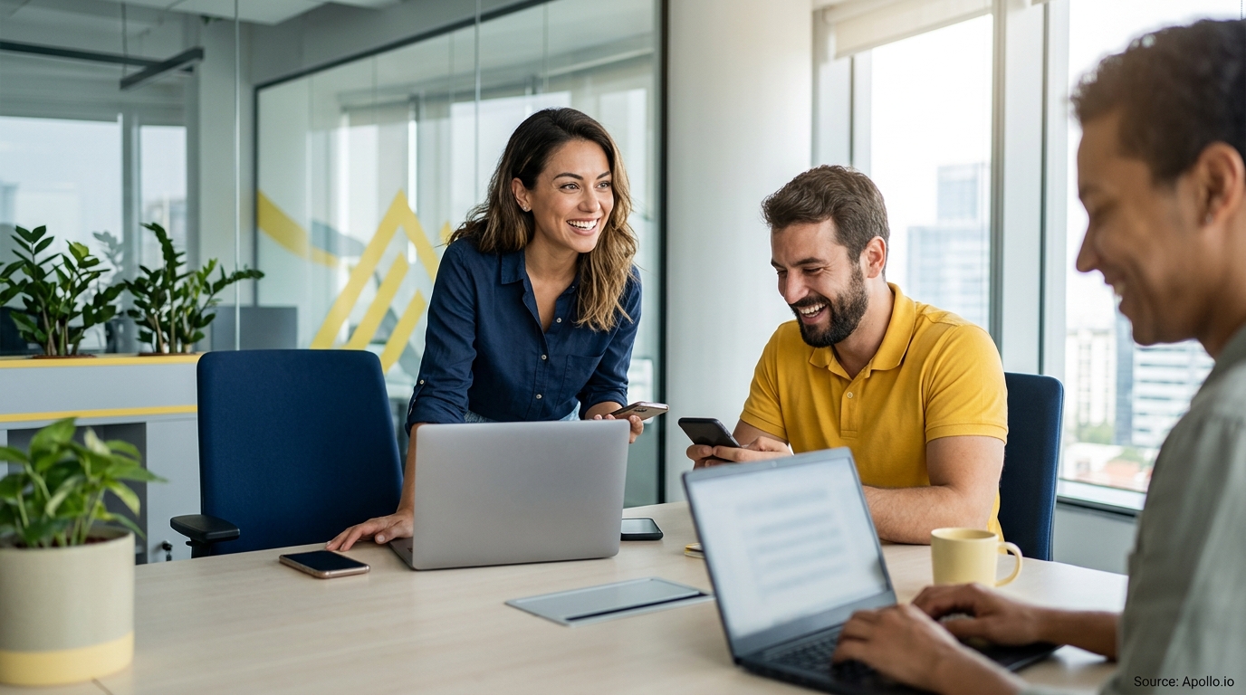 Three professionals smiling and collaborating with laptops and smartphones in a bright, modern office setting.