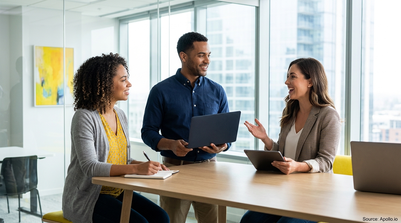Three diverse professionals collaborate around a table in a modern office using a laptop, tablet, and notebook.