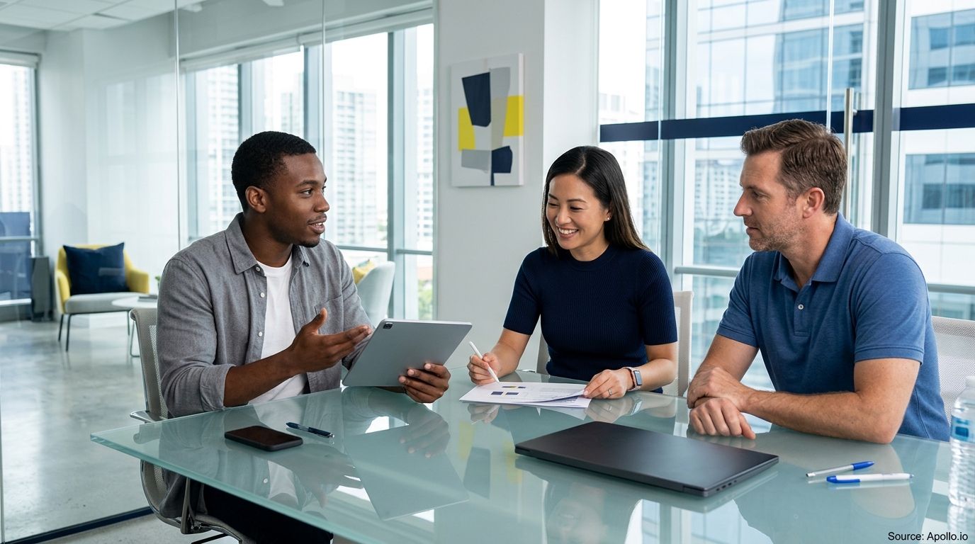 Three diverse professionals collaborate at a glass table in a modern office using a tablet and paper documents.