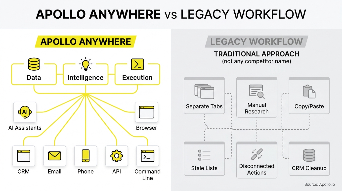 Comparison diagram showing a centralized, integrated digital system versus a fragmented traditional workflow with disconnected manual steps.