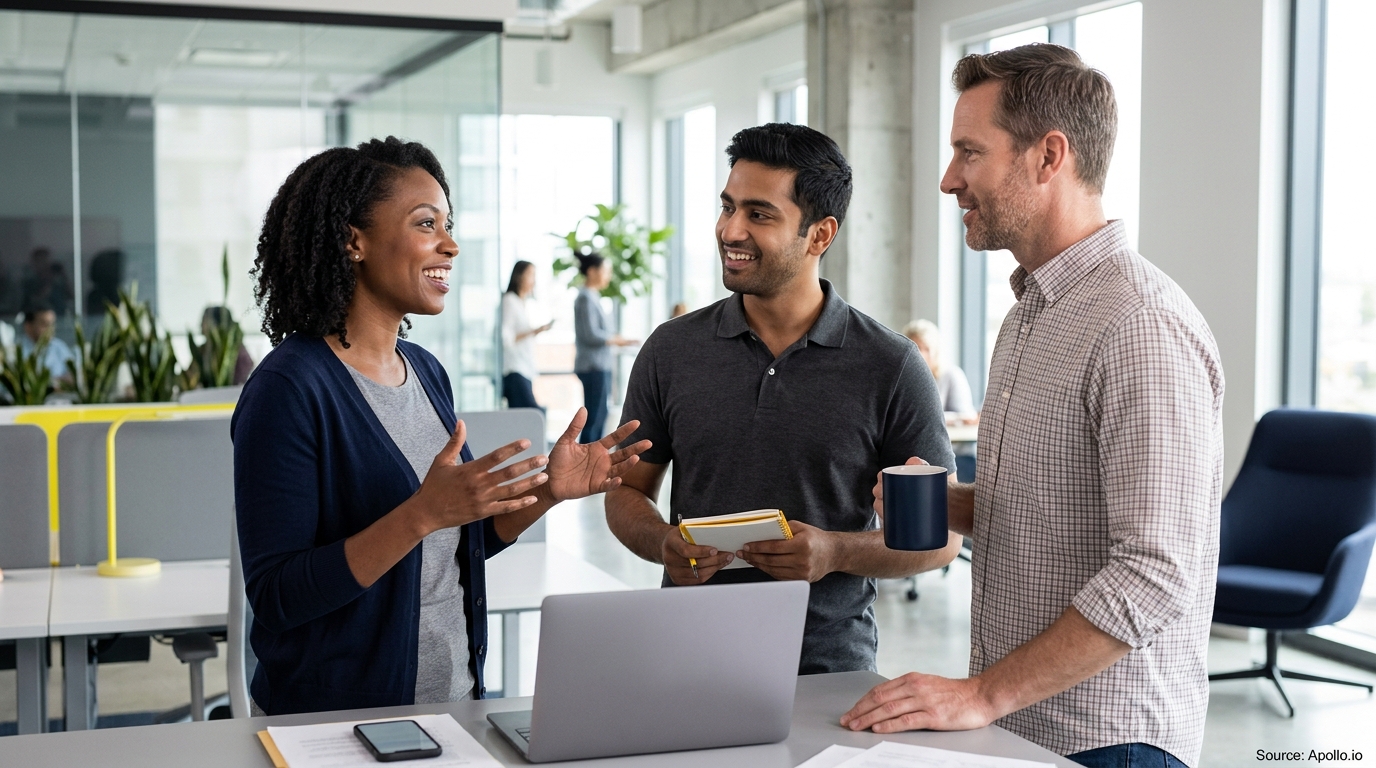 Three diverse professionals talk and collaborate around a laptop in a bright, modern office setting.